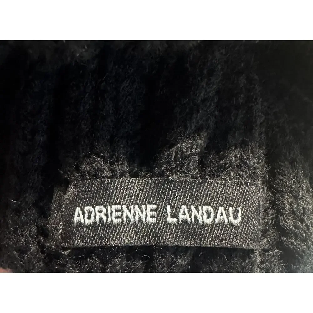 Adrienne Landau Black Ribbed Knit Beanie Faux Fur Pom Pom Hat NWT One Size